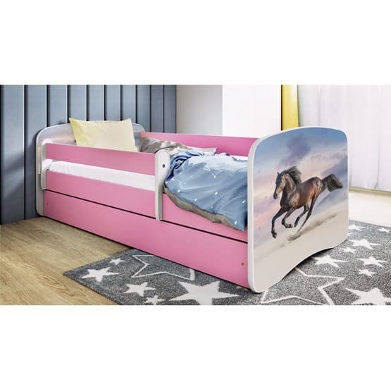 Barnsäng - Babydreams Rosa Med Låda - Galloperande Hästar 180x80 Cm