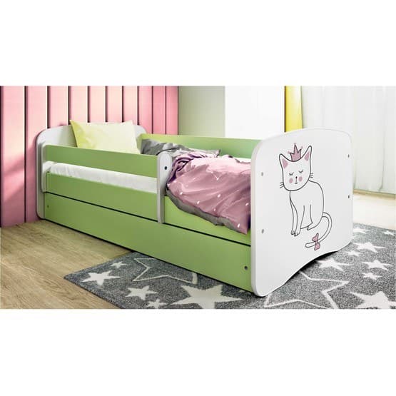 Barnsäng - Babydreams Grön Med Låda Och Madrass - Katt 180x80 Cm