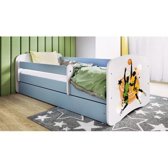 Barnsäng - Babydreams Blå Med Låda Och Madrass - Basketboll 180x80 Cm