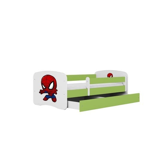 Tremmeseng - Babydreams Grøn Med Skuffe Og Madras - Spiderman 140x70 Cm