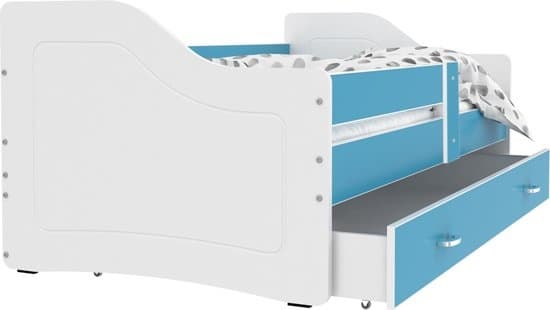 Lyxig barnsäng 180x80 cm - vit/blå - med låda - med madrass