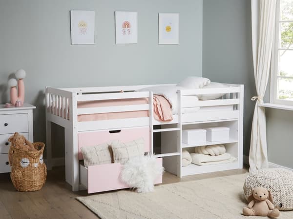 Barneseng i Hvitt Rosa Tre 90 x 200 cm Enkeltseng med Lamellramme Skuffer og Hyller Seng for Småbarn