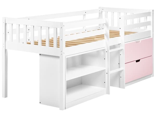 Barneseng i Hvitt Rosa Tre 90 x 200 cm Enkeltseng med Lamellramme Skuffer og Hyller Seng for Småbarn