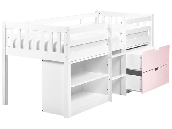 Barneseng i Hvitt Rosa Tre 90 x 200 cm Enkeltseng med Lamellramme Skuffer og Hyller Seng for Småbarn