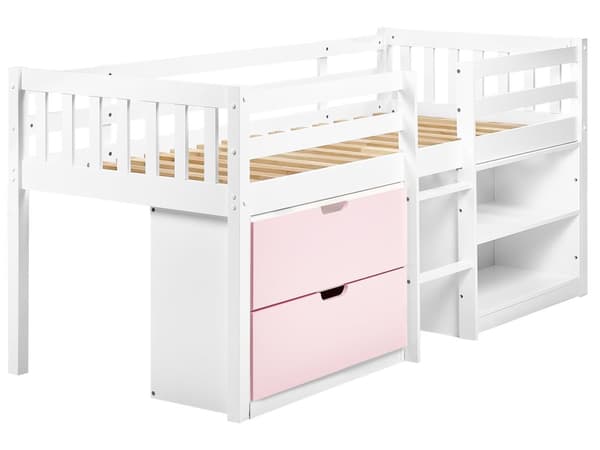 Barneseng i Hvitt Rosa Tre 90 x 200 cm Enkeltseng med Lamellramme Skuffer og Hyller Seng for Småbarn