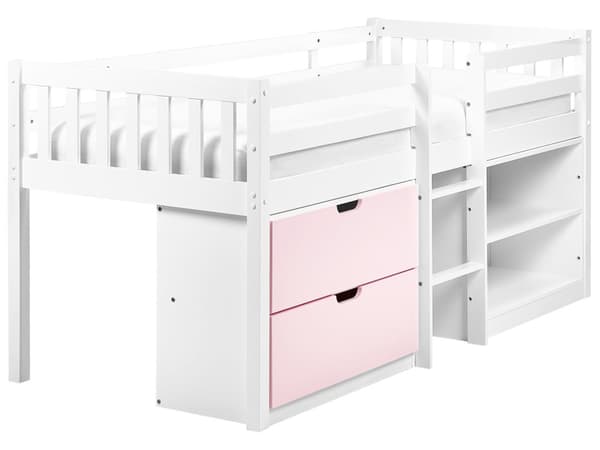 Barneseng i Hvitt Rosa Tre 90 x 200 cm Enkeltseng med Lamellramme Skuffer og Hyller Seng for Småbarn