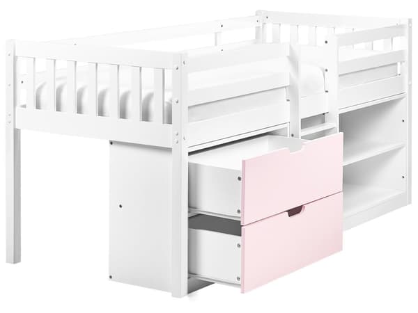 Barneseng i Hvitt Rosa Tre 90 x 200 cm Enkeltseng med Lamellramme Skuffer og Hyller Seng for Småbarn
