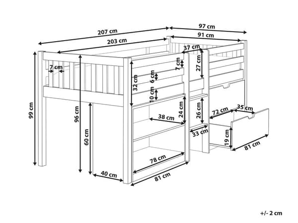 Barneseng i Lyst Tre 90 x 200 cm Enkeltseng med Lamellramme Skuffer og Hyller Seng for Småbarn