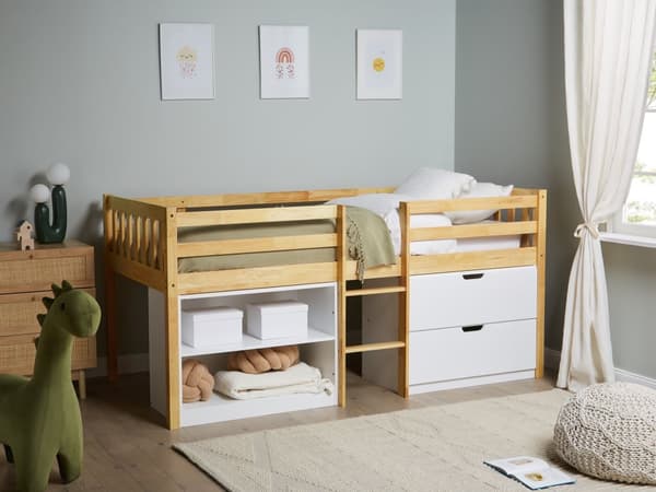 Barneseng i Lyst Tre 90 x 200 cm Enkeltseng med Lamellramme Skuffer og Hyller Seng for Småbarn