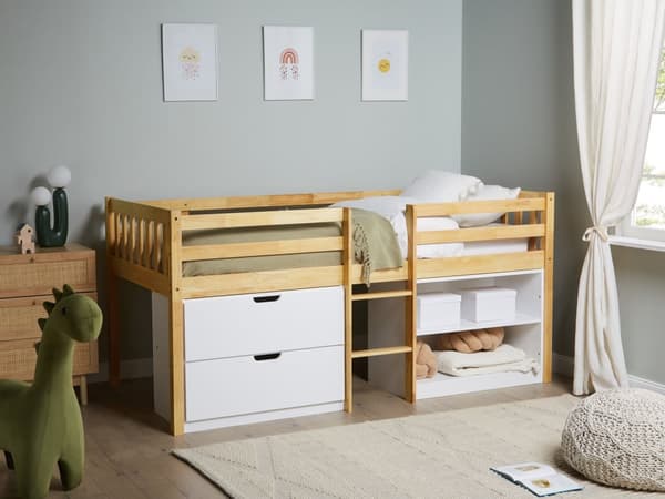 Barneseng i Lyst Tre 90 x 200 cm Enkeltseng med Lamellramme Skuffer og Hyller Seng for Småbarn