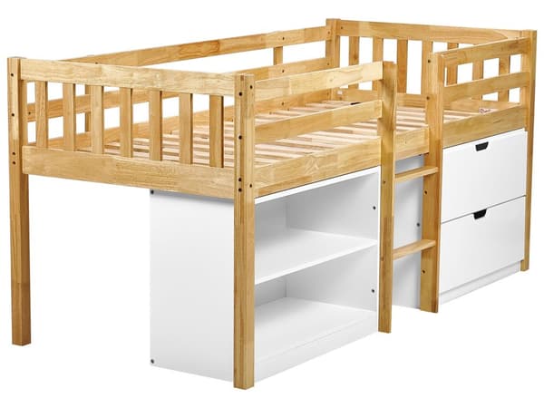 Barneseng i Lyst Tre 90 x 200 cm Enkeltseng med Lamellramme Skuffer og Hyller Seng for Småbarn