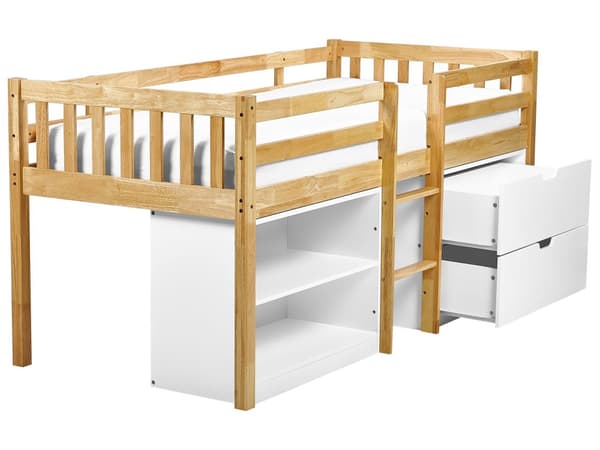 Barneseng i Lyst Tre 90 x 200 cm Enkeltseng med Lamellramme Skuffer og Hyller Seng for Småbarn