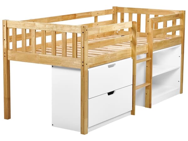 Barneseng i Lyst Tre 90 x 200 cm Enkeltseng med Lamellramme Skuffer og Hyller Seng for Småbarn