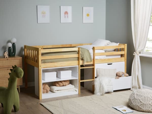 Barneseng i Lyst Tre 90 x 200 cm Enkeltseng med Lamellramme Skuffer og Hyller Seng for Småbarn