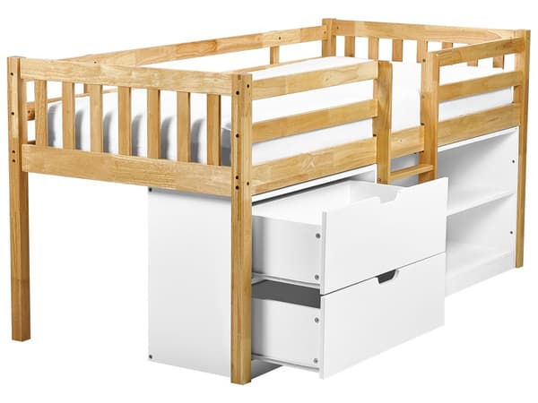 Barneseng i Lyst Tre 90 x 200 cm Enkeltseng med Lamellramme Skuffer og Hyller Seng for Småbarn