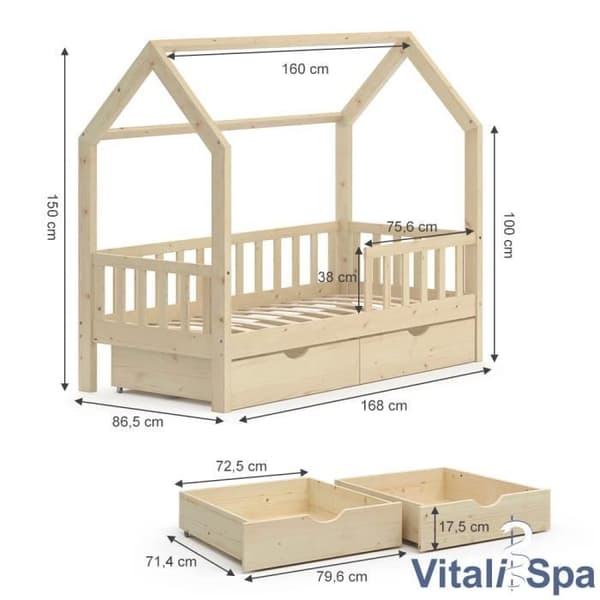VitaliSpa Wiki barnsäng, kabinsäng, lekplatssäng, 80 x 160, lamellbotten ingår, 2 lådor