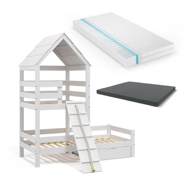 Vitalispa Teddy hyttsäng, Vit, 90x200 cm med 2 madrasser och en låda