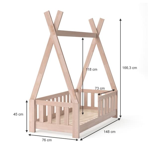 Vitalispa Tipi barnsäng, Naturträ, 70x140 cm med staket och madrass