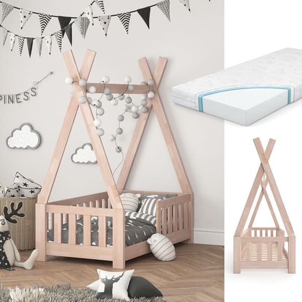 Vitalispa Tipi barnsäng, Naturträ, 70x140 cm med staket och madrass