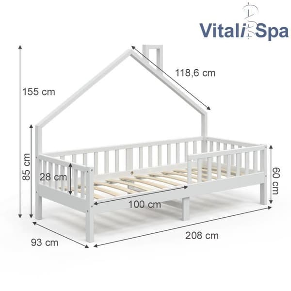 VitaliSpa Noemi kabinsäng, barnsäng, lekplatssäng, 90 x 200 cm vit anti-fallbarriär