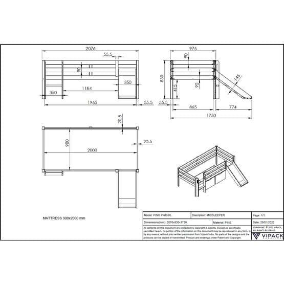 Loftseng - Pino 90x200 Hvid - Med rutsjebane