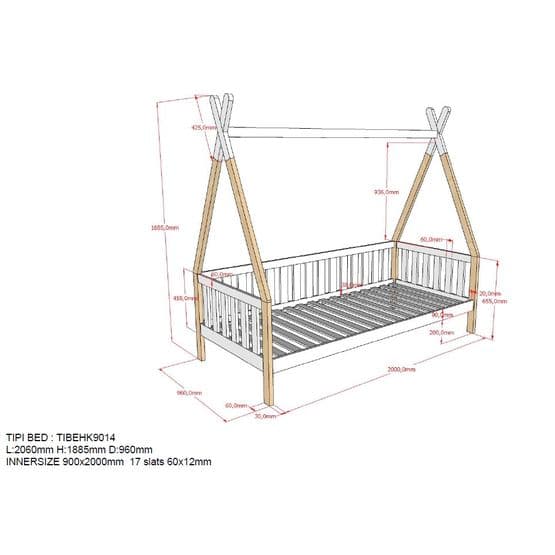 Tipi Bed Med Hegn Og Æske - 90x200 Cm - Hvid