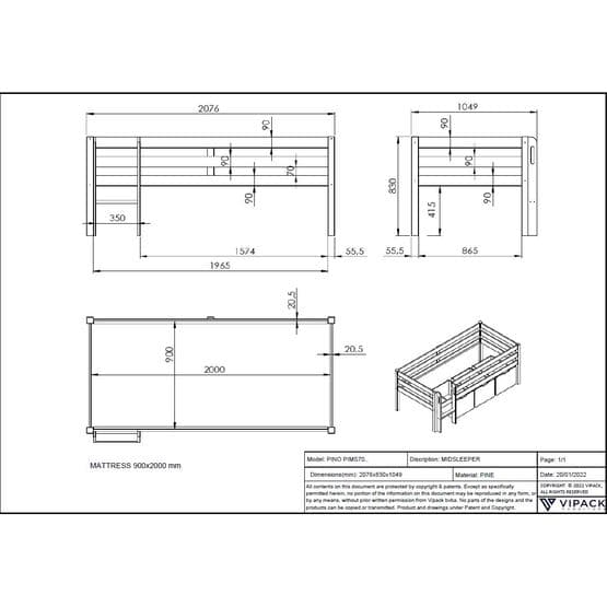 Loftsäng Pino Med 3 Lådor Och Stege - 90x200 Cm - Vit