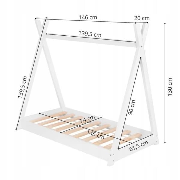 Springos® tipi-säng för barn med lamellbotten, massivt trä 70 x 140 x 130 cm