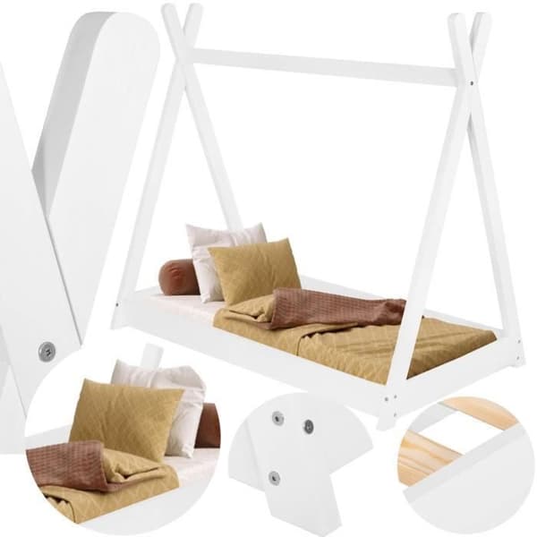 Springos® tipi-säng för barn med lamellbotten, massivt trä 70 x 140 x 130 cm