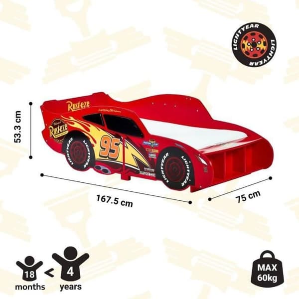 Säng i form av bil - Disney - Lightning McQueen - Ingenjörsträ - 70x140 cm - Icke giftig