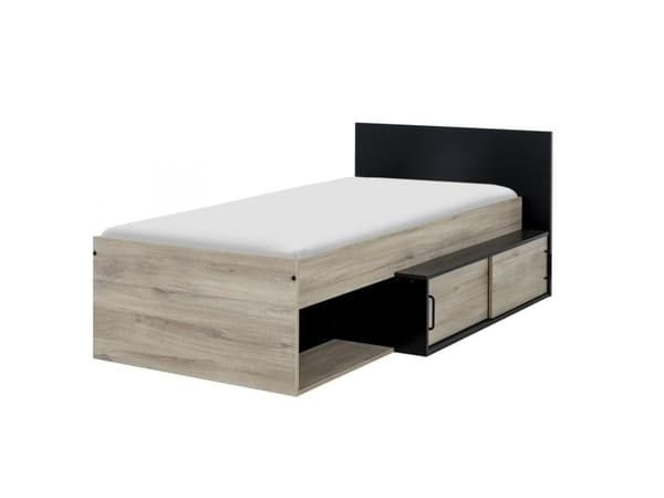 Hållbar Ek & Svart Säng med Förvaringslåda, 90x200cm, 2-års garanti