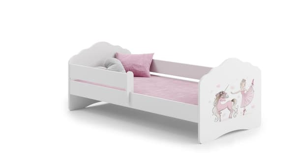 FALA Justerbart barnsäng med säkerhetsbarriär - Vit & Rosa Enhörning/Ballerina Design