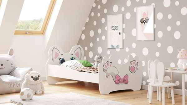 Charmigt katt-tema barnsäng med låda, 160x80 cm, rosa & vit, säker & hållbar
