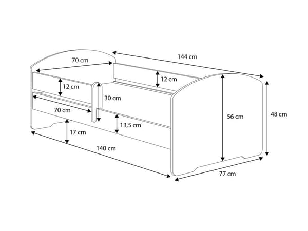 LUK 140x70 Barnsäng med säkerhetsräcken, PVC-kantskydd & flexibel lamellbotten