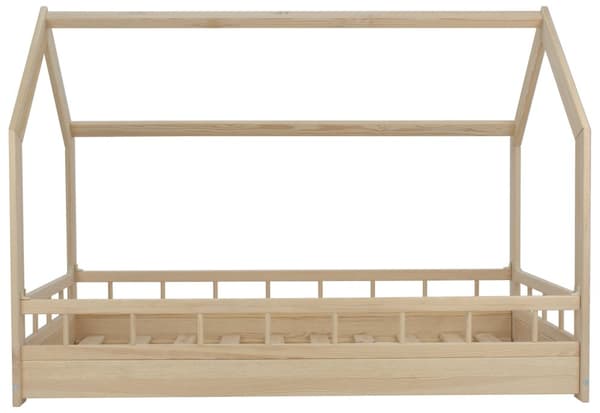 Naturlig barnsäng gjord av råträ i form av ett hus med räcken 160x80cm