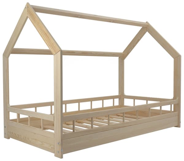 Naturlig barnsäng gjord av råträ i form av ett hus med räcken 160x80cm