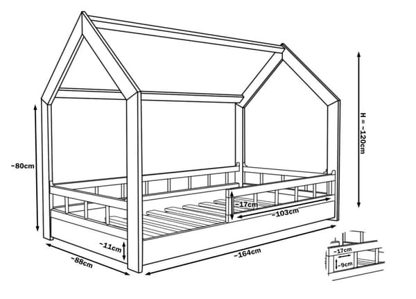 Barnsäng av råträ i form av ett hus med räcken och entré 160x80cm