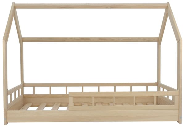 Barnsäng av råträ i form av ett hus med räcken och entré 160x80cm