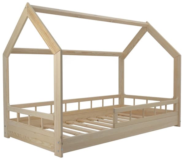 Barnsäng av råträ i form av ett hus med räcken och entré 160x80cm