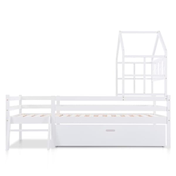 Barnsäng med stege och lådor, anti-fall massivt trä mezzanin säng 90x200cm vit (utan madrass)
