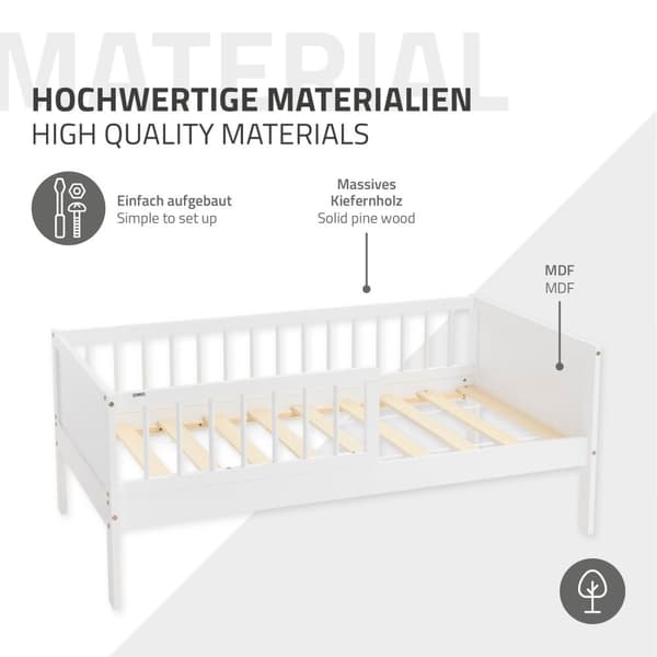 Barnsäng 70x140 cm med madrass, resårbottnar och säkerhetssidor i vit ML-design