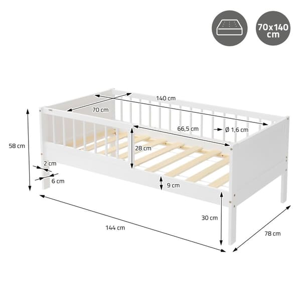 Barnsäng 70x140 cm med madrass, resårbottnar och säkerhetssidor i vit ML-design