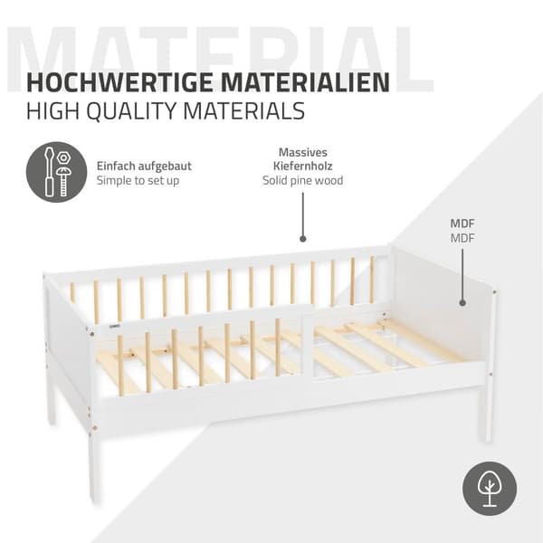 Barnsäng 70x140 cm med madrass, resårbotten och säkerhetssidor i vit/naturfärgad ML-design