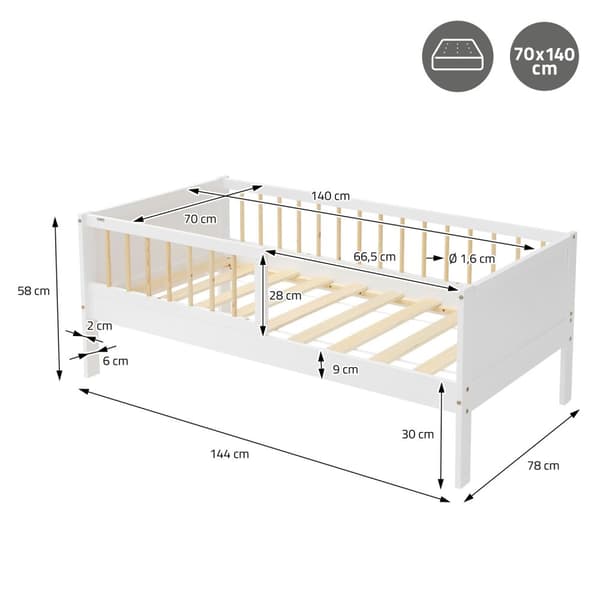 Barnsäng 70x140 cm med madrass, resårbotten och säkerhetssidor i vit/naturfärgad ML-design
