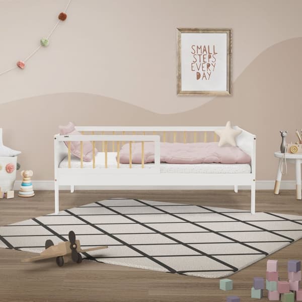 Barnsäng 70x140 cm med resårbotten och fallskydd vit/naturlig furu ML design