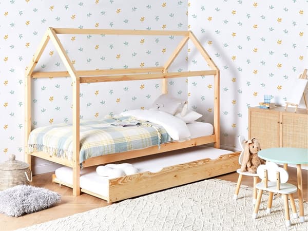 Barn Hus Uttrekkssenge Lyst Tre Furu 90 x 200 cm Enkeltseng med Lamellbunn for Småbarn Moderne Barnehage