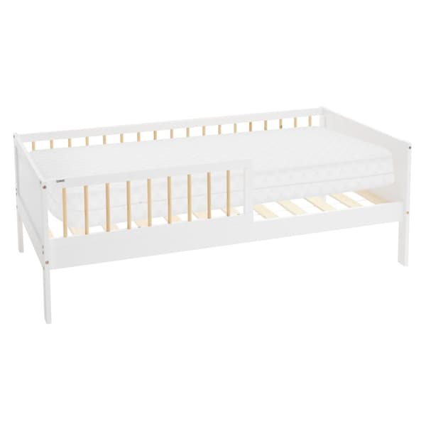 Barneseng 80x160 cm med madras, lamelbund og sikkerhedssider i hvid/naturlig ML-design