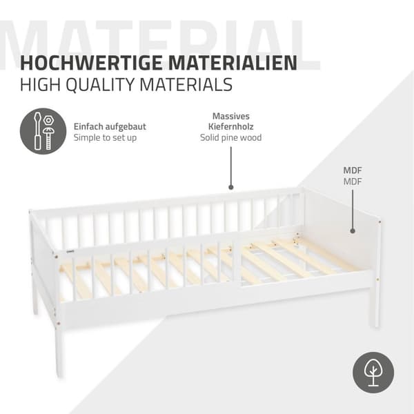 Børneseng 80x160 cm med lamelbund og faldsikring i hvidt fyrretræ ML-design