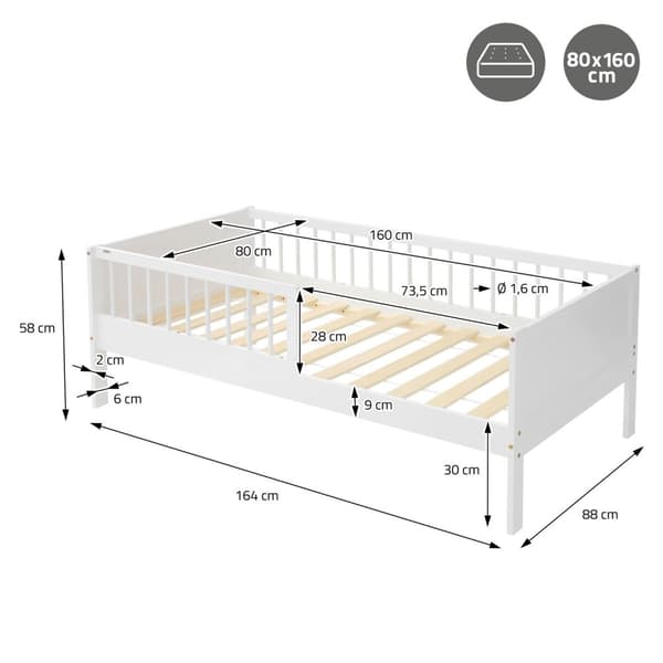 Børneseng 80x160 cm med lamelbund og faldsikring i hvidt fyrretræ ML-design