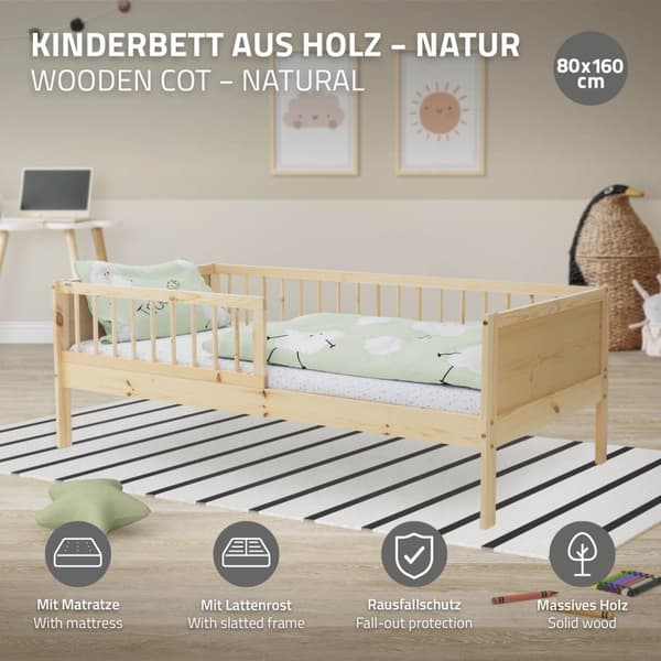 Barnsäng 80x160 cm med madrass, resårbotten och fallskydd i naturfärgad ML-design